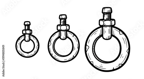Hand drawn monochrome anchor rings with bolts in vintage style