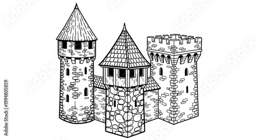 Medieval castle towers with intricate stonework and detailed spires