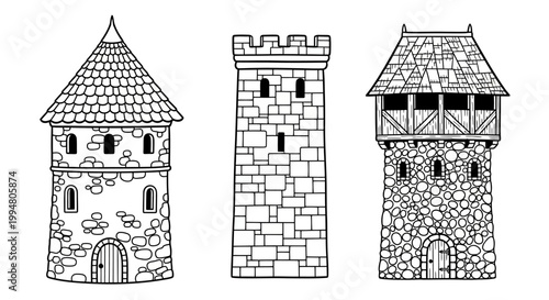 Medieval castle towers in black and white line art