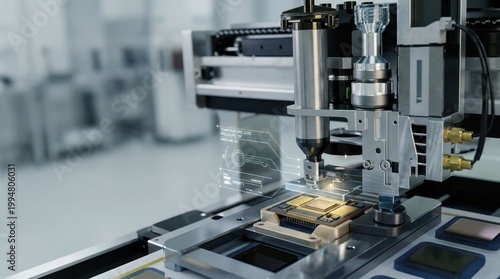 Precision semiconductor bonding machine assembling a microchip package in a cleanroom, automated manufacturing, electronics packaging, process control and advanced industrial accuracy.