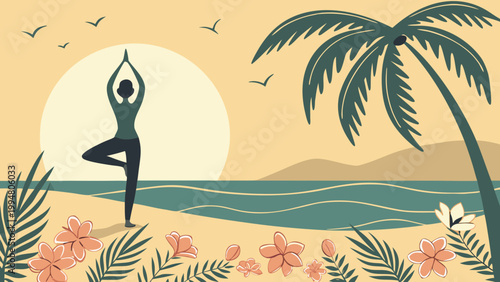 Summer Morning Yoga on Beach with Sunrise Vector