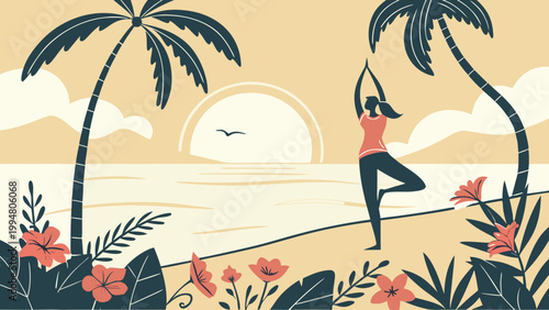 Summer Morning Yoga on Beach with Sunrise Vector