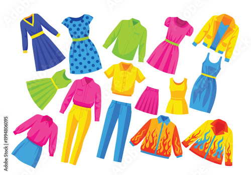 Vector illustration of assorted colorful clothes and apparel items arranged in a scattered pattern