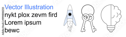 Innovation, ideas, exploration, security, growth, creativity. Rocket, two keys and a light bulb displayed together. Innovation and ideas aligned with creative solutions and exploration