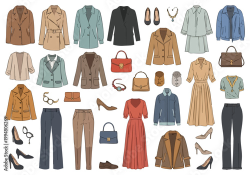 Fashion vector illustration of various women's clothes and accessories, stylish outfits for different occasions