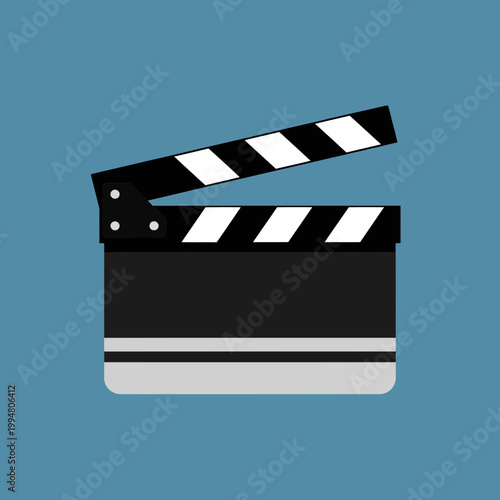 Minimalist Flat Vector Illustration of a Movie Clapperboard on Blue Background