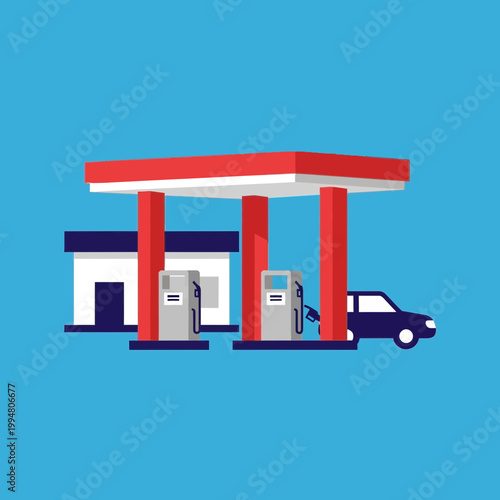 Flat Illustration of a Gas Station with Car Refueling at the Pump. Modern Petrol Station Vector Icon on Blue Background.