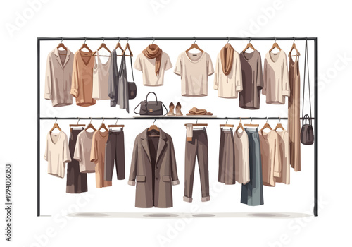 Vector illustration of a minimalist women's clothing rack showcasing a collection of neutral-toned apparel and accessories for a chic wardrobe