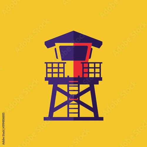 Minimalist Lifeguard Tower Illustration - Flat Design Beach Lookout Tower Vector on Yellow Background for Summer and Safety Concepts