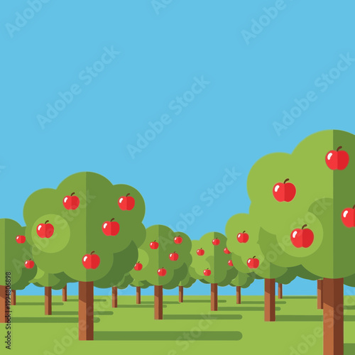 Flat Vector Illustration of a Lush Apple Orchard Garden with Ripe Red Fruits and Blue Sky Background