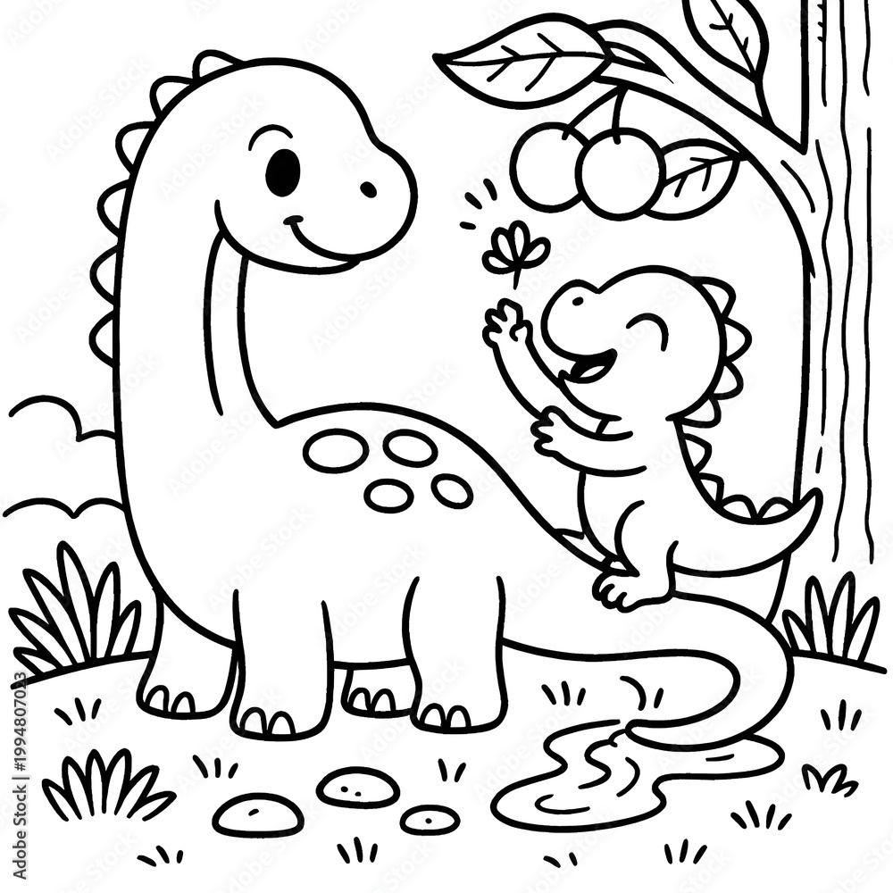 Obraz premium Cute Dinosaurs Eating Fruit – Kids Coloring Page Line Art
