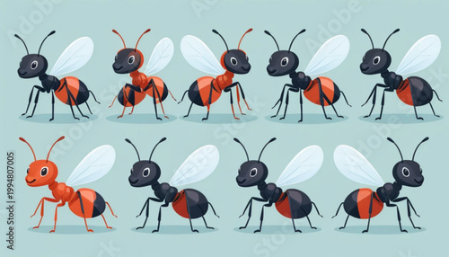 A set of flat colored ant icon illustrations on a plain background. 