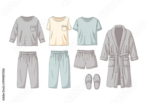 Vector illustration of comfortable sleepwear clothes, including pajamas, robes, and slippers, perfect for home wear and relaxation