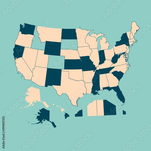 Minimalist United States Map Vector with Individual States in Teal and Cream Flat Design