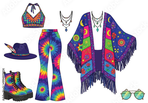 Vibrant vector illustration of bohemian clothes and accessories in psychedelic tie-dye patterns