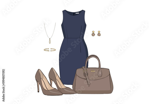 Elegant navy blue dress and accessories vector illustration of stylish clothes for women