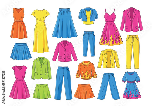 Fashionable vector clothes collection for women, stylish outfits and apparel