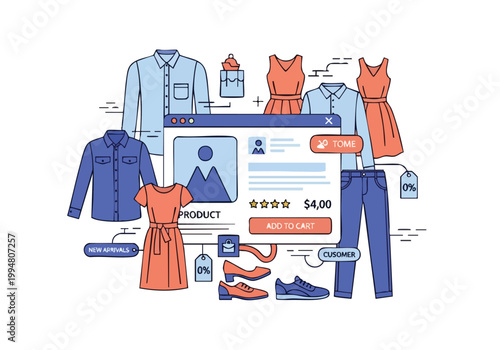 Online shopping vector illustration of clothes and accessories for fashion e-commerce