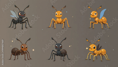 Set of 6 ant icons in flat design style, different ant variations, cute and simple shapes, clean vector illustration,