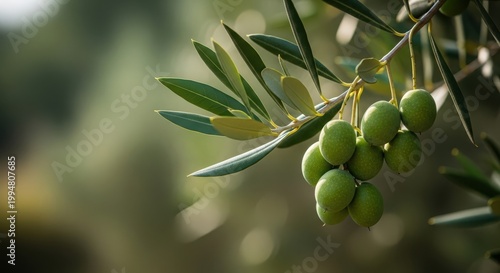 Fresh green olives hanging on a branch with leaves