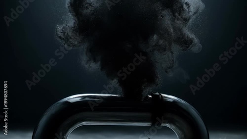 Abstract Dark Smoke Emerging from Polished Metal Pipe Against a Moody Dark Background with Subtle Light Effects