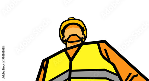Construction worker in yellow safety vest and hard hat looking up, stylized illustration