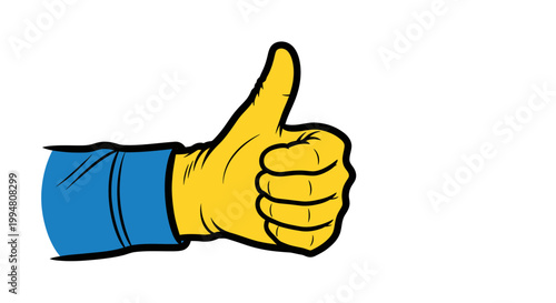 Yellow hand wearing blue sleeve giving a thumbs up gesture, isolated on white background, positive affirmation and approval symbol