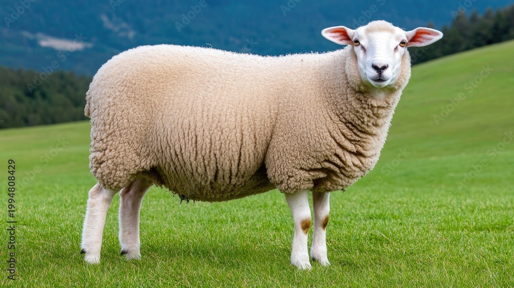 Fototapeta premium A charming sheep stands gracefully on a lush green field, surrounded by the peaceful beauty of nature on a clear day