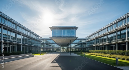 Modern corporate office building complex with glass facade