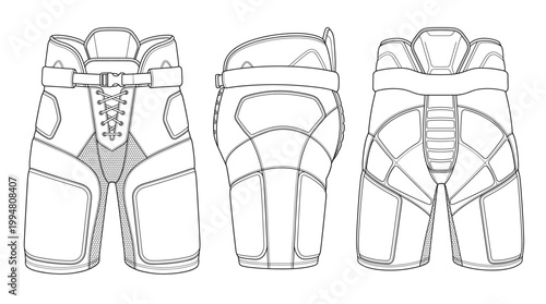 Ice Hockey Pants Sportswear Technical Drawing, Protective Athletic Performance Uniform Multi-View Line Art Vector