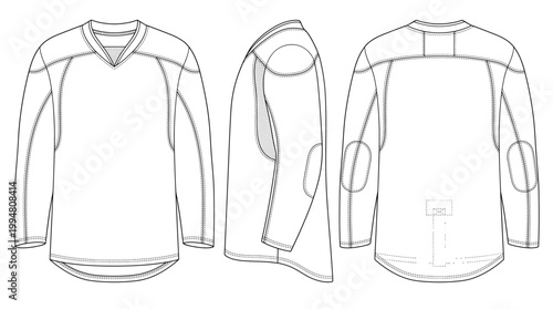 Ice Hockey Jersey Sportswear Technical Drawing, Professional Team Performance Apparel Multi-View Line Art Vector