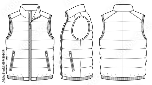 Down Sports Vest Puffer Gilet Fashion Technical Drawing, Winter Outdoor Performance Apparel Multi-View Line Art Vector