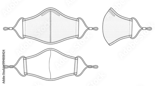 General Face Mask Protective Hygiene Fashion Technical Drawing, Healthcare and Everyday Safety Multi-View Line Art Vector