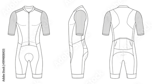 Aero Cycling Suit Performance Sportswear Technical Drawing, Professional Biking Skinsuit Multi-View Line Art Vector