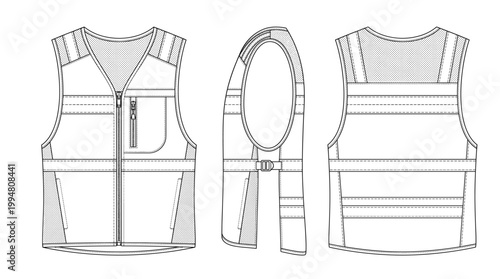 Safety Running Vest Reflective Sportswear Technical Drawing, High-Visibility Athletic Performance Gear Multi-View Line Art Vector