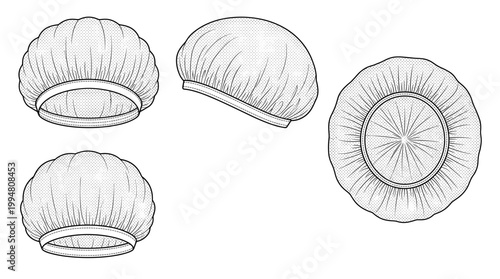 Bouffant Cap Disposable Hygiene PPE Fashion Technical Drawing, Medical and Food Service Headwear Multi-View Line Art Vector