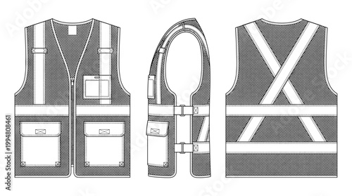 Universal Reflective Safety Vest Technical Drawing, High-Visibility Industrial Workwear Multi-View Line Art Vector