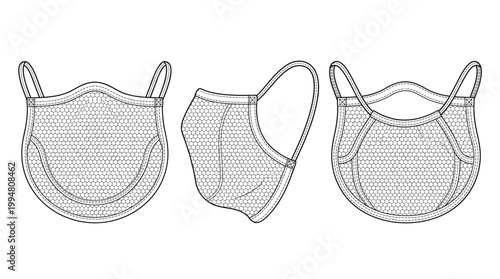 Beard Cover Hygiene PPE Fashion Technical Drawing, Food Service and Medical Protective Headwear Multi-View Line Art Vector