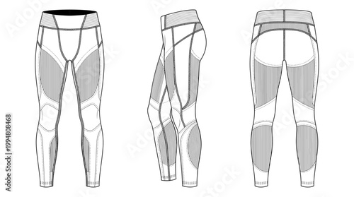 Compression Leggings Athletic Performance Fashion Technical Drawing, Sportswear Tights Multi-View Line Art Vector