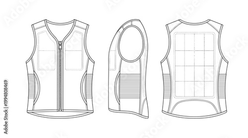 Cooling Vest Thermal Regulation Technical Drawing, Industrial and Athletic Performance Gear Multi-View Line Art Vector