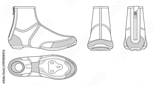 Cycling Shoe Covers Athletic Technical Drawing, Biking Performance Gear Multi-View Line Art Vector