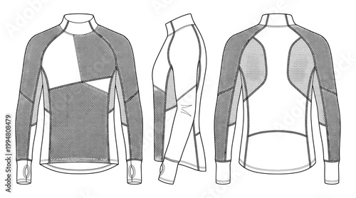 Climbing Base Layer Thermal Top Fashion Technical Drawing, Outdoor Performance Apparel Multi-View Line Art Vector