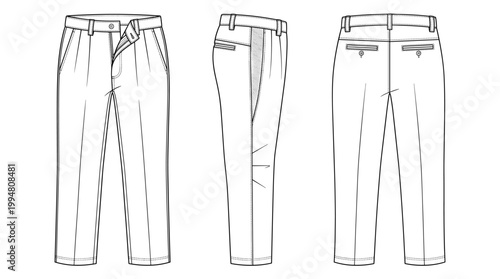 Cricket Pants Sportswear Technical Drawing, Performance Athletic Uniform Multi-View Line Art Vector