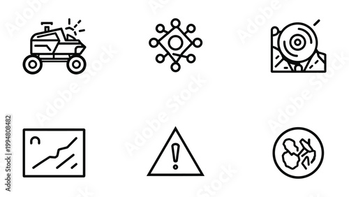 Icons Collection: A comprehensive compilation of intricately designed icons that symbolize technology, and warnings, ideal for web design and user interfaces.