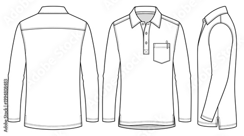 Cricket Shirt Sportswear Technical Drawing, Professional Team Performance Apparel Multi-View Line Art Vector