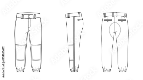 Baseball Pants Sportswear Technical Drawing, Team Performance Uniform Multi-View Line Art Vector