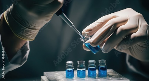 Scientist using a pipette to transfer blue liquid into a vial