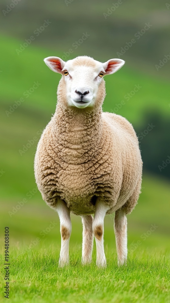 Obraz premium A charming sheep gazes curiously from a lush grassy hill under a vibrant green backdrop, inviting a serene connection with nature