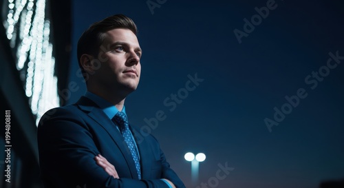 Confident businessman standing outdoors at night with city lights