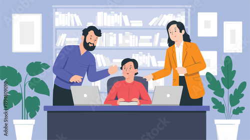 Flat illustration of collaborative workspace with three people at desk bookshelves plants and modern office interior scene